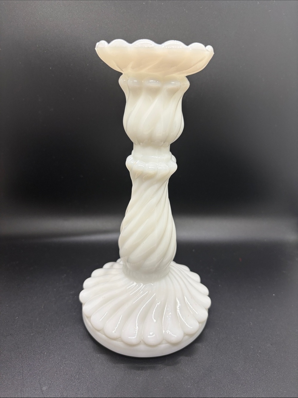 Fenton White Swirl Glass Candlestick Holder. UNMARKED